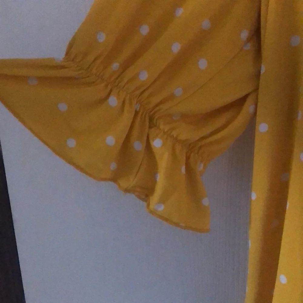 Woman’s Polkadot feminine spring yellow dainty office siren ruffled blouse top - Picture 7 of 12